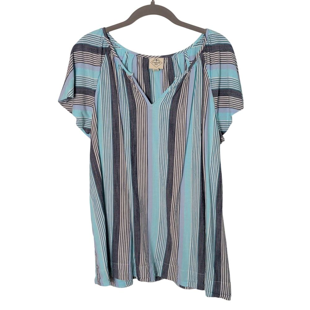 St John's Bay Women's Sz 1X Cotton Blend Blue Stripe Popover Top Short Sleeve